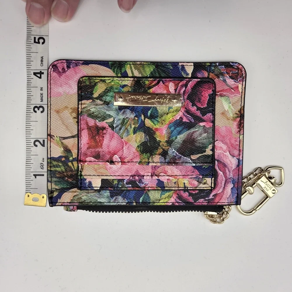 Betsey‎ Johnson Floral Card Holder Wallet Womens OS Pink Rose Gold Keychain Zip